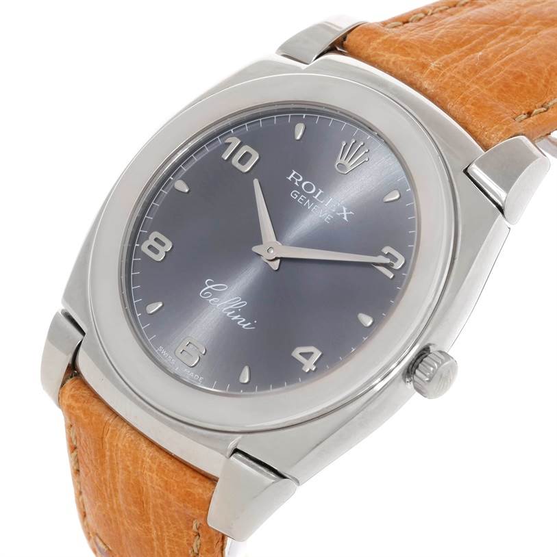 This Rolex Cellini 5330 Men's White Gold Grey Dial 5330 Men's White Gold Grey Dial watch is shown from a tilted angle, highlighting the face, crown, case, and part of the leather strap.