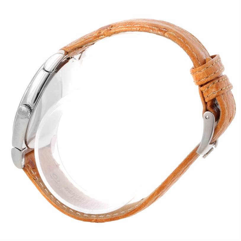 The image shows a side view of a Rolex Cellini 5330 Men's White Gold Grey Dial 5330 Men's White Gold Grey Dial watch, featuring its leather strap, crown, and case.