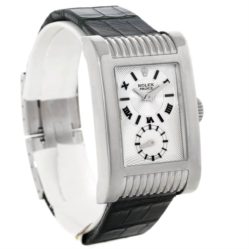 The image shows a frontal and slightly angled view of a Rolex Cellini 5441 Men's White Gold Silver Dial 5441 Men's White Gold Silver Dial model, highlighting its rectangular dial and black leather strap.