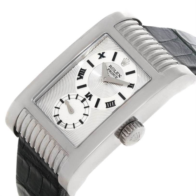 The image shows a close-up side angle of the Rolex Cellini 5441 Men's White Gold Silver Dial 5441 Men's White Gold Silver Dial watch face, crown, and part of the leather strap.