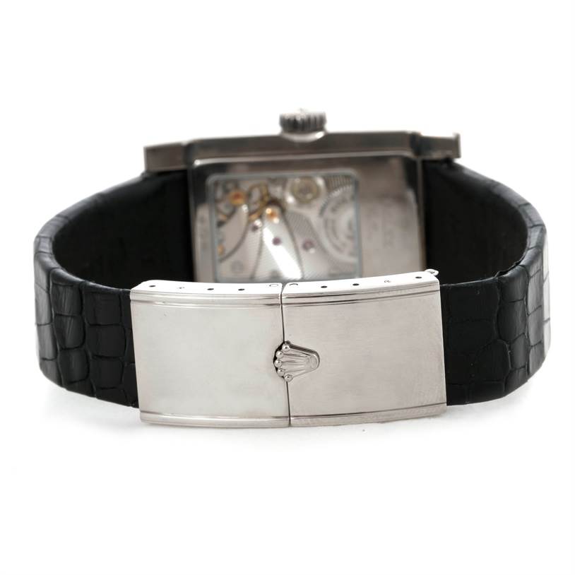 This image shows the back view of a Rolex Cellini 5441 Men's White Gold Silver Dial 5441 Men's White Gold Silver Dial watch, highlighting its clasp and open case back with visible movement.