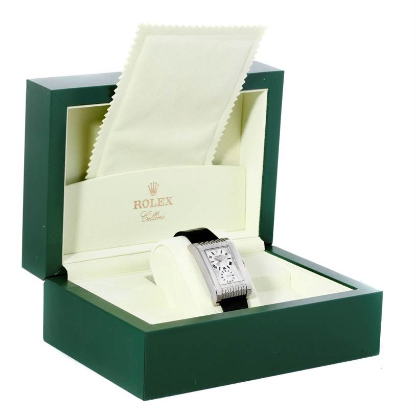 This image shows a Rolex Cellini 5441 Men's White Gold Silver Dial 5441 Men's White Gold Silver Dial watch in its open presentation box, displaying the watch face and a cleaning cloth.