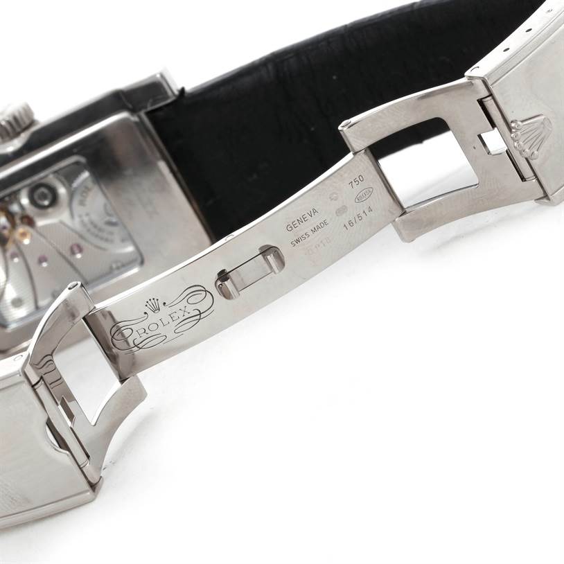 This image shows the back and clasp of a Rolex Cellini 5441 Men's White Gold Silver Dial 5441 Men's White Gold Silver Dial watch, highlighting the movement and branding.