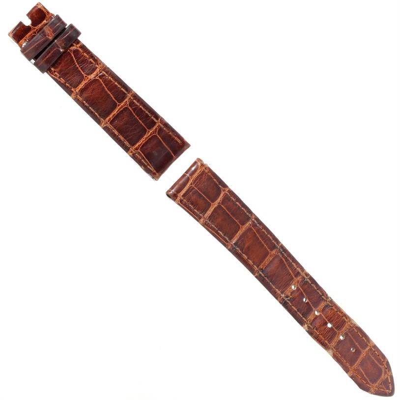 The image shows a brown leather watch strap accessory for the Rolex Cellini 5115 Men
s Yellow Gold Silver Dial 5115 Men
s Yellow Gold Silver Dial model, viewed from above.