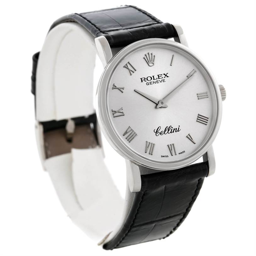 The Rolex Cellini 5115 Men's White Gold Silver Dial 5115 Men's White Gold Silver Dial watch is shown from a front angle exhibiting its dial, straps, and case.