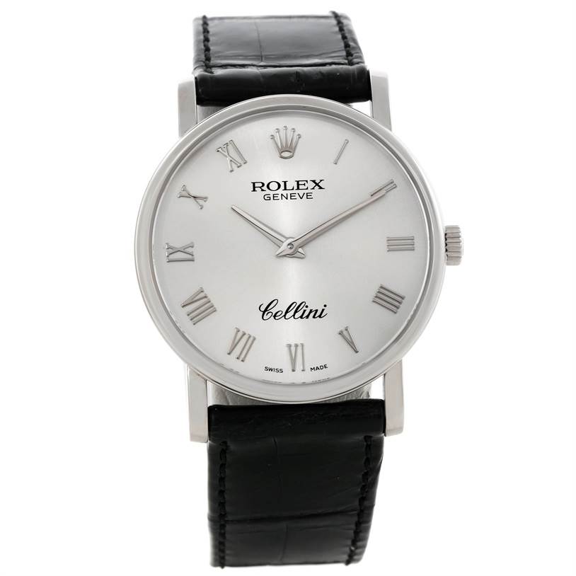 The Rolex Cellini 5115 Men's White Gold Silver Dial 5115 Men's White Gold Silver Dial watch is shown from a front angle, displaying its dial, case, and leather strap.