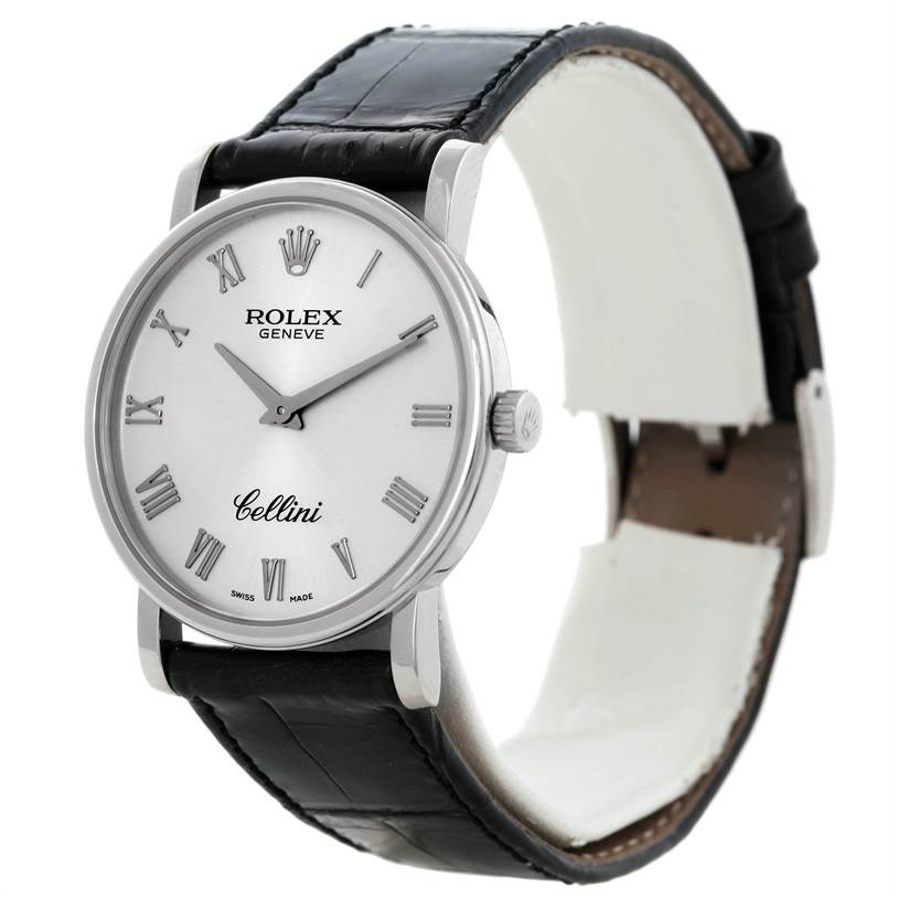 This image shows a frontal angle of the Rolex Cellini 5115 Men's White Gold Silver Dial 5115 Men's White Gold Silver Dial watch, highlighting its face, case, crown, and leather strap.