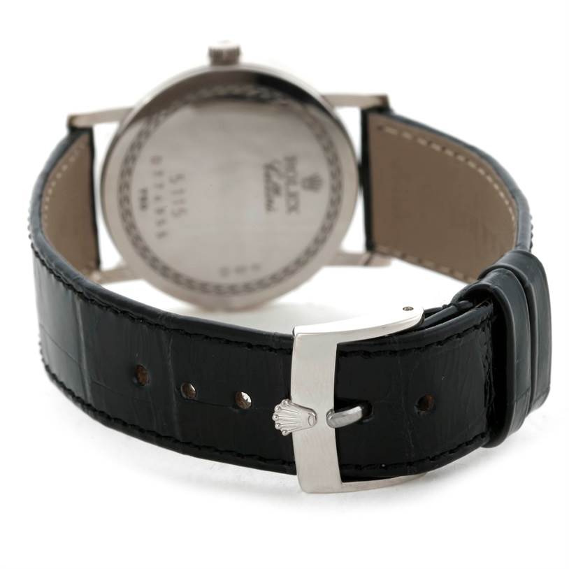 The image shows the back view of the Rolex Cellini 5115 Men's White Gold Silver Dial 5115 Men's White Gold Silver Dial watch, highlighting the buckle and leather strap.