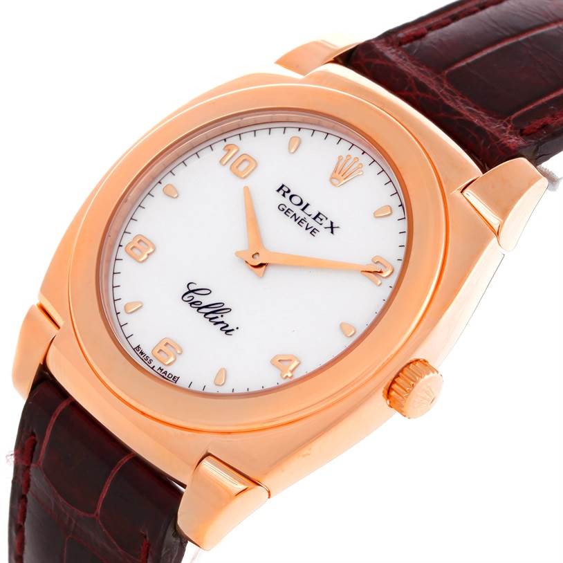 This image shows a close-up of the Rolex Cellini 5320 Rose Gold White Dial 5320 Rose Gold White Dial watch, highlighting its face, hour markers, and brown leather strap.