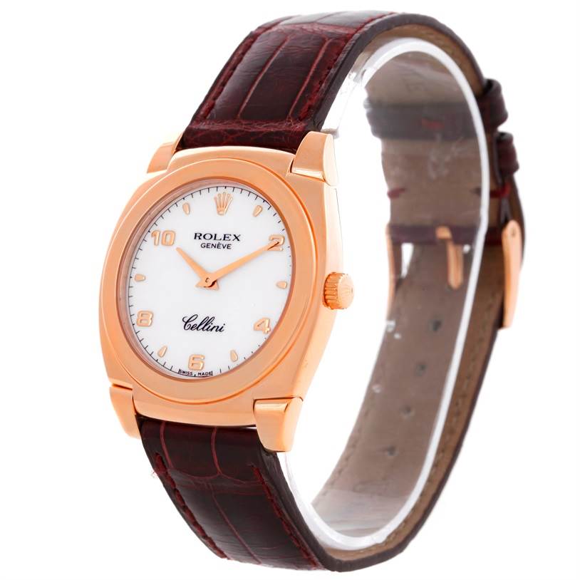 This image shows a side and front angle of the Rolex Cellini 5320 Rose Gold White Dial 5320 Rose Gold White Dial watch, featuring its face, strap, and crown.