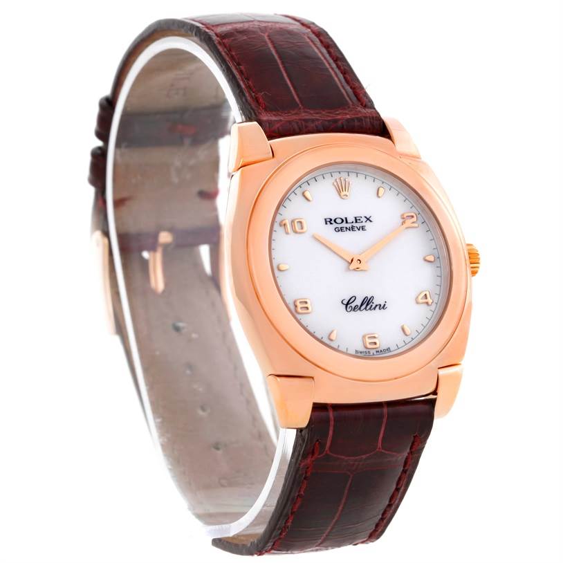 This image shows a Rolex Cellini 5320 Rose Gold White Dial 5320 Rose Gold White Dial watch at an angled front view, highlighting its dial, case, and leather strap.