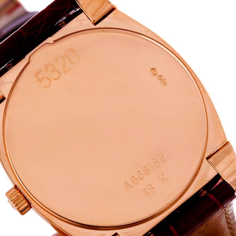 This image shows the back case of a Rolex Cellini 5320 Rose Gold White Dial 5320 Rose Gold White Dial watch, highlighting the model number and 18K gold markings.