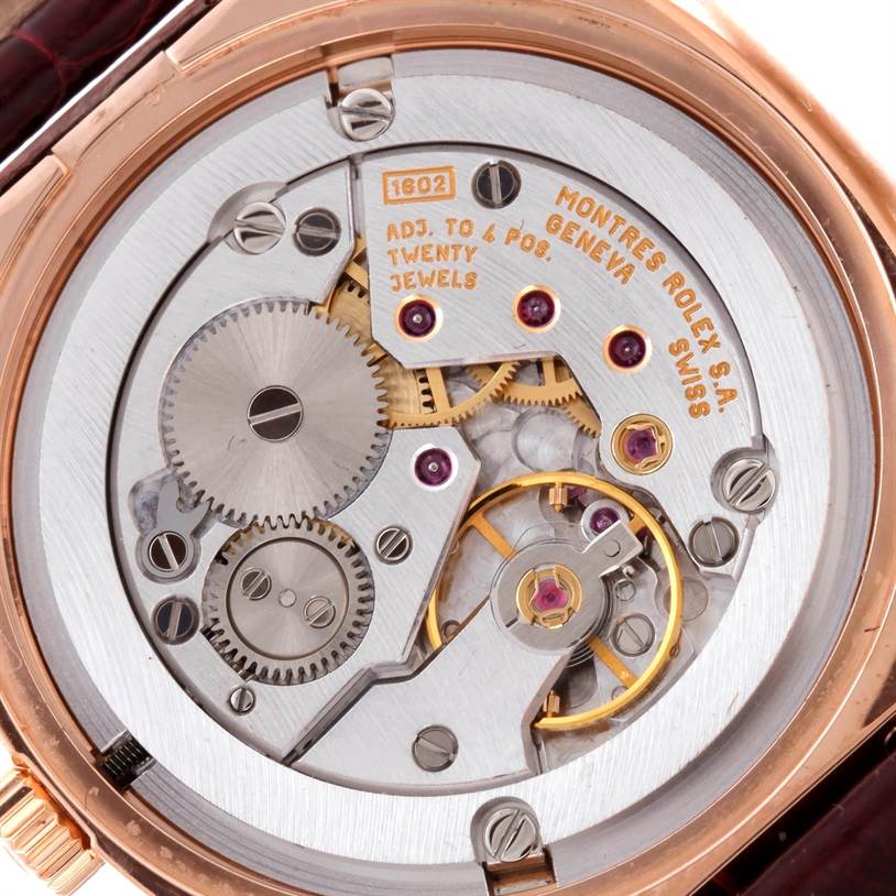 This image shows the case back and intricate movement of the Rolex Cellini 5320 Rose Gold White Dial 5320 Rose Gold White Dial model watch.