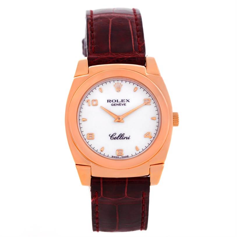 This image shows a front view of the Rolex Cellini 5320 Rose Gold White Dial 5320 Rose Gold White Dial watch with a white dial, rose gold casing, and a dark leather strap.