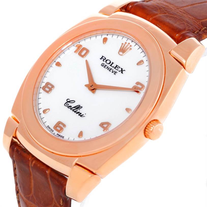 The Rolex Cellini 5330 Men's Rose Gold White Dial 5330 Men's Rose Gold White Dial watch is shown at an angled close-up, displaying its white dial, rose gold case, and brown leather strap.
