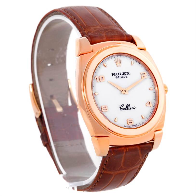 The image shows a Rolex Cellini 5330 Men's Rose Gold White Dial 5330 Men's Rose Gold White Dial watch with a white dial and brown leather strap at a slight angle from the front-left side.