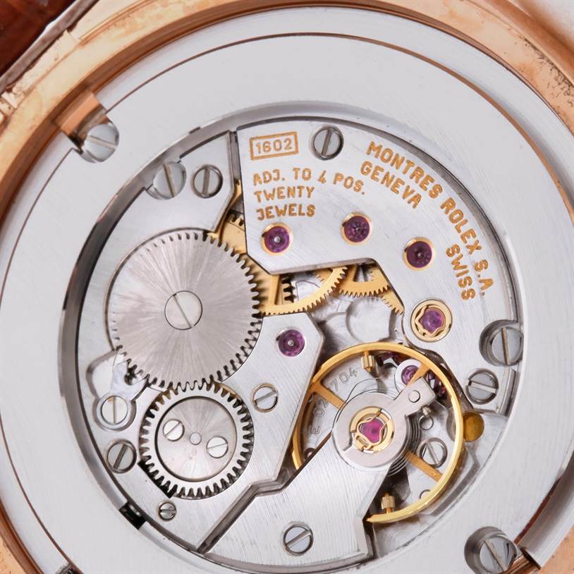 This image shows a close-up of the movement mechanism of the Rolex Cellini 5330 Men's Rose Gold White Dial 5330 Men's Rose Gold White Dial watch model.
