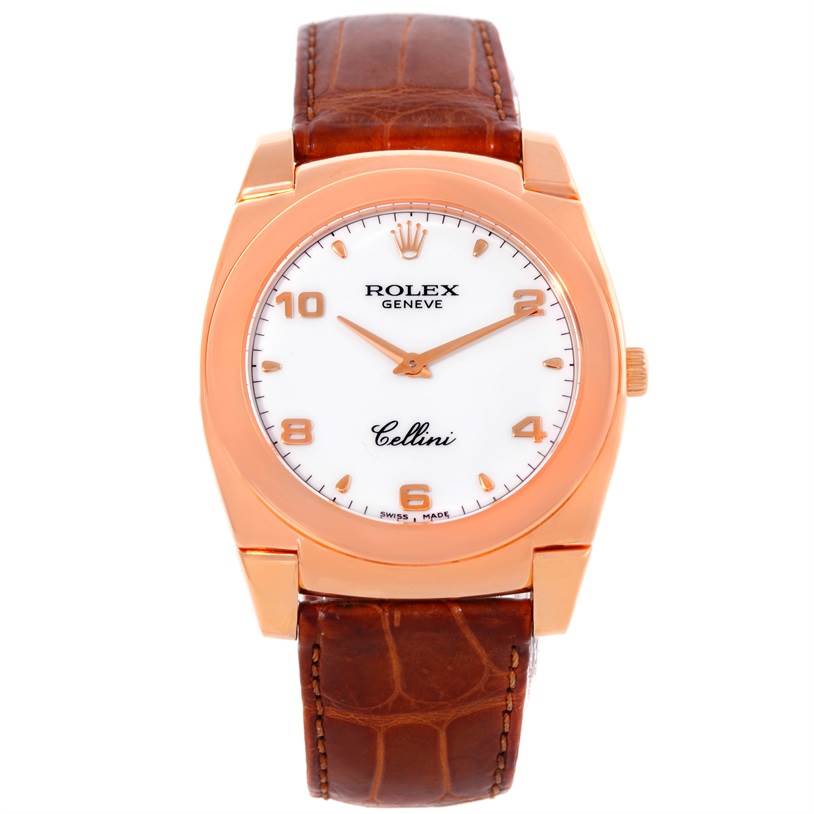 The image shows the front view of a Rolex Cellini 5330 Men's Rose Gold White Dial 5330 Men's Rose Gold White Dial watch with a brown leather strap and a gold case bezel.