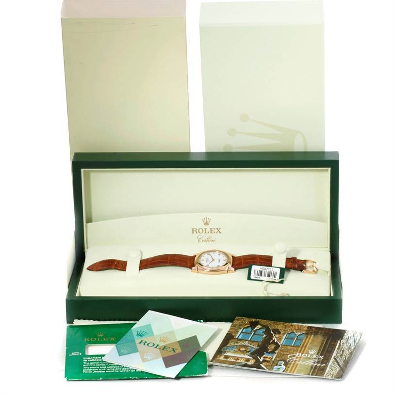 The image shows a Rolex Cellini 5330 Men's Rose Gold White Dial 5330 Men's Rose Gold White Dial watch inside its open box, along with manuals and relevant documentation.