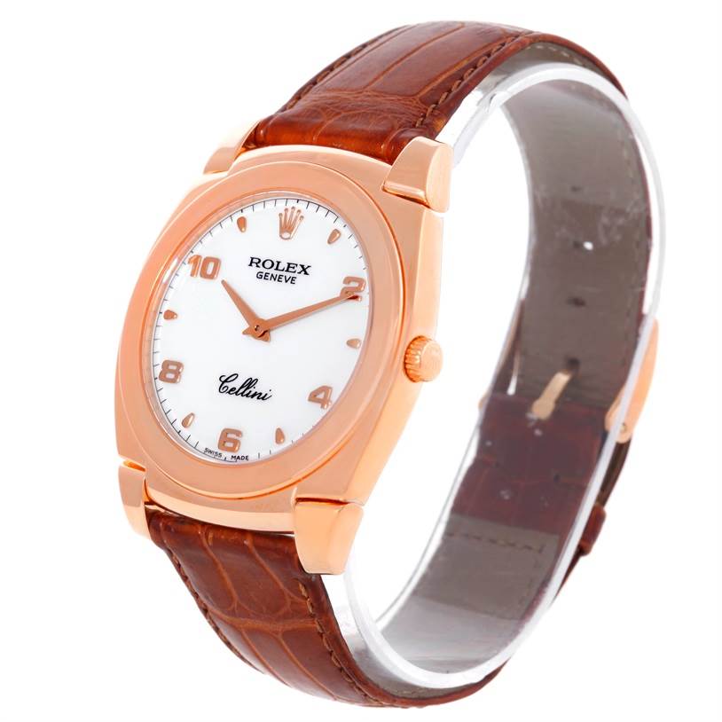 The image shows a Rolex Cellini 5330 Men's Rose Gold White Dial 5330 Men's Rose Gold White Dial watch at an angle highlighting the dial, case, crown, and leather strap.