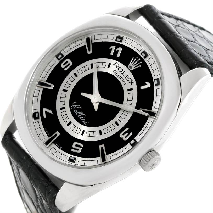 The Rolex Cellini 4243 Men's White Gold Black Dial 4243 Men's White Gold Black Dial watch is shown at an angled view highlighting the dial, case, crown, and part of the black leather strap.