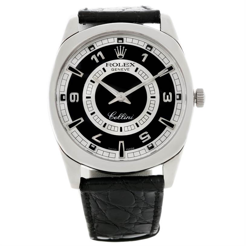 This image shows the front view of the Rolex Cellini 4243 Men's White Gold Black Dial 4243 Men's White Gold Black Dial watch displaying its face, dial, hands, and black leather strap.
