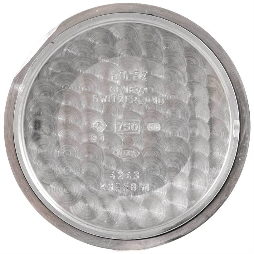 The image shows the inner case back of a Rolex Cellini 4243 Men's White Gold Black Dial 4243 Men's White Gold Black Dial watch, displaying brand inscriptions and serial numbers.