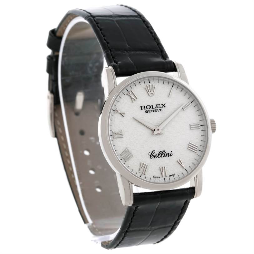 This image shows a front-angle view of a Rolex Cellini 5116 Men's White Gold Silver Dial 5116 Men's White Gold Silver Dial watch, featuring the watch face, bezel, and leather strap.