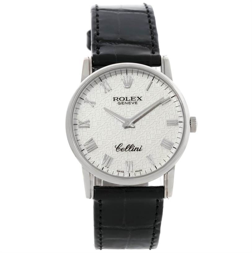 The image shows a front view of the Rolex Cellini 5116 Men's White Gold Silver Dial 5116 Men's White Gold Silver Dial watch detailing its face, case, crown, and black leather strap.