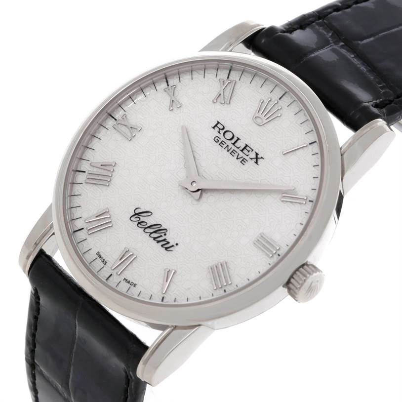 The image shows the dial and part of the strap of a Rolex Cellini 5116 Men's White Gold Silver Dial 5116 Men's White Gold Silver Dial watch at a slight angle.