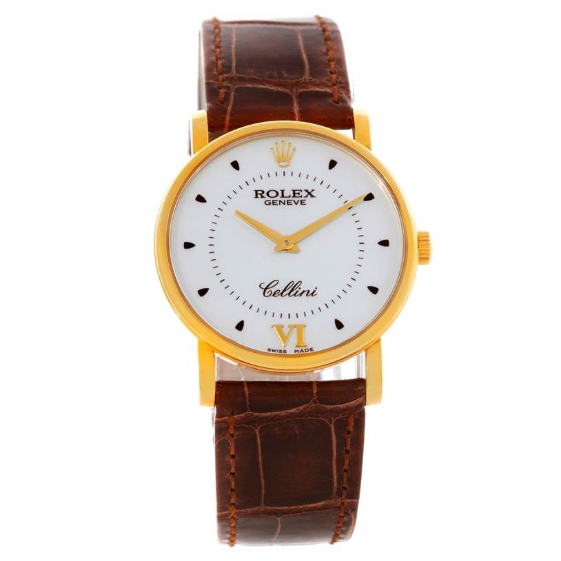 The image shows a front view of a Rolex Cellini 5115 Men
s Yellow Gold Silver Dial 5115 Men
s Yellow Gold Silver Dial watch with a white dial, gold case, and brown leather strap.