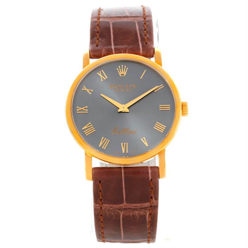 The image shows a front view of a Rolex Cellini 5115 Men's Yellow Gold Grey Dial 5115 Men's Yellow Gold Grey Dial watch, highlighting its face, hands, markers, and leather strap.