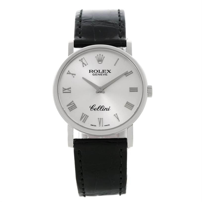 The image shows a front view of a Rolex Cellini 5115 Men
s White Gold Silver Dial 5115 Men
s White Gold Silver Dial watch with its face, hands, and black leather strap visible.