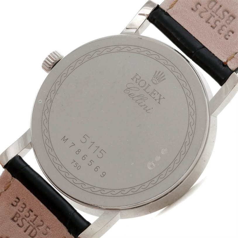 The image shows the back case and strap of a Rolex Cellini 5115 Men
s White Gold Silver Dial 5115 Men
s White Gold Silver Dial 5115 watch.