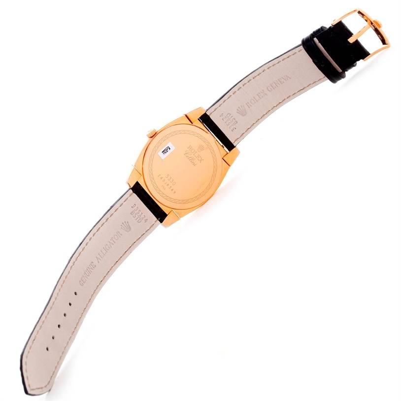 The image shows the back view of a Rolex Cellini 5330 Men's Rose Gold Grey Dial 5330 Men's Rose Gold Grey Dial watch, displaying its leather strap and case back details.