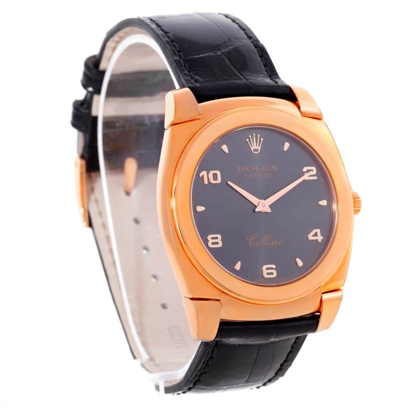 The image shows a Rolex Cellini 5330 Men's Rose Gold Grey Dial 5330 Men's Rose Gold Grey Dial watch at a slight side angle, revealing the black leather strap and rose gold case.