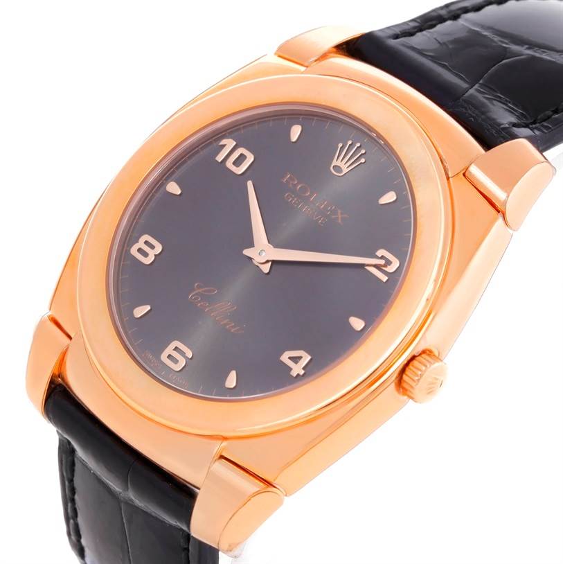 The image shows a close-up angled view of a Rolex Cellini 5330 Men's Rose Gold Grey Dial 5330 Men's Rose Gold Grey Dial watch, highlighting its face, bezel, crown, and leather strap.