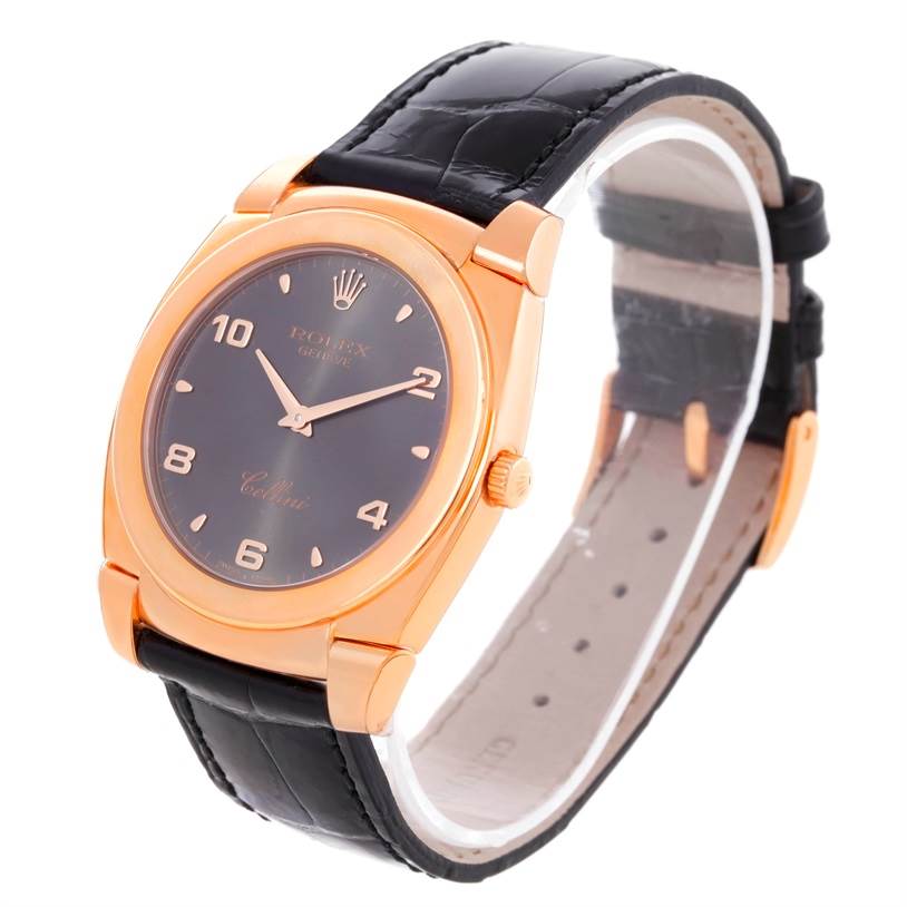 The image shows a front-left angled view of the Rolex Cellini 5330 Men's Rose Gold Grey Dial 5330 Men's Rose Gold Grey Dial watch, highlighting its face, case, and black leather strap.