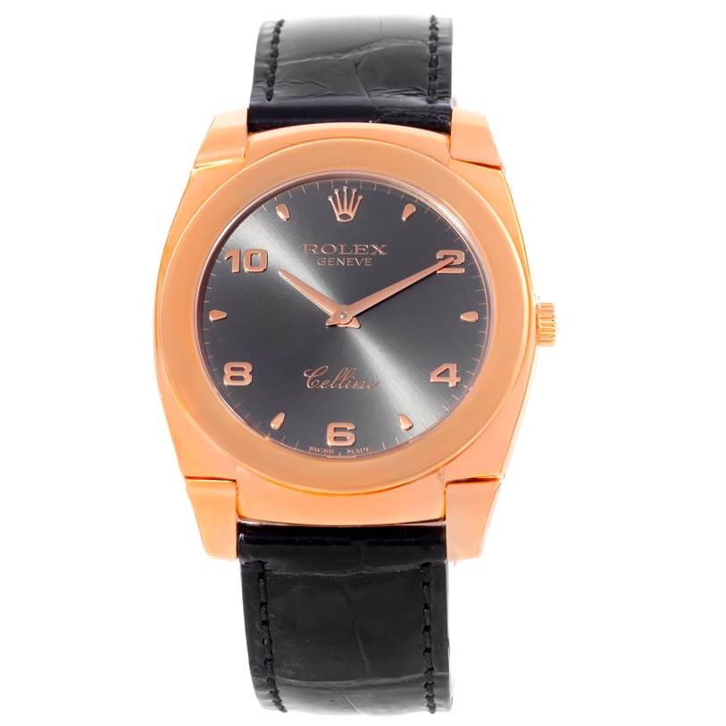 The image shows a Rolex Cellini 5330 Men's Rose Gold Grey Dial 5330 Men's Rose Gold Grey Dial watch from a front-facing angle, displaying the dial, case, crown, and black leather strap.