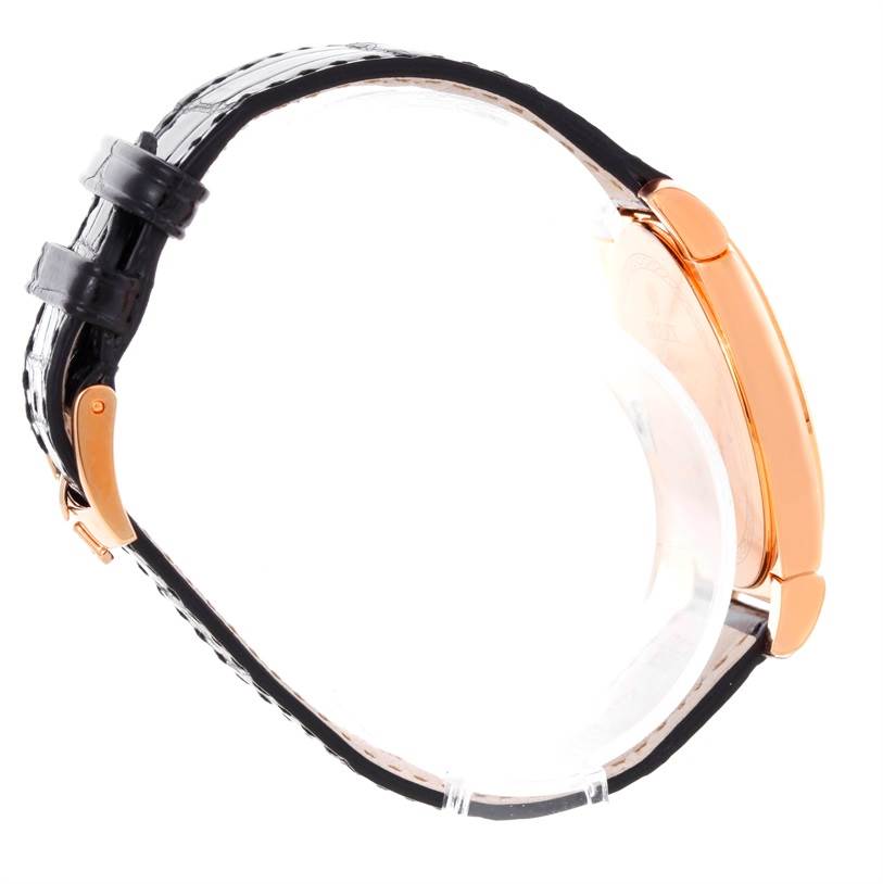 The image shows a side view of a Rolex Cellini 5330 Men's Rose Gold Grey Dial 5330 Men's Rose Gold Grey Dial watch, highlighting its leather strap and gold case.