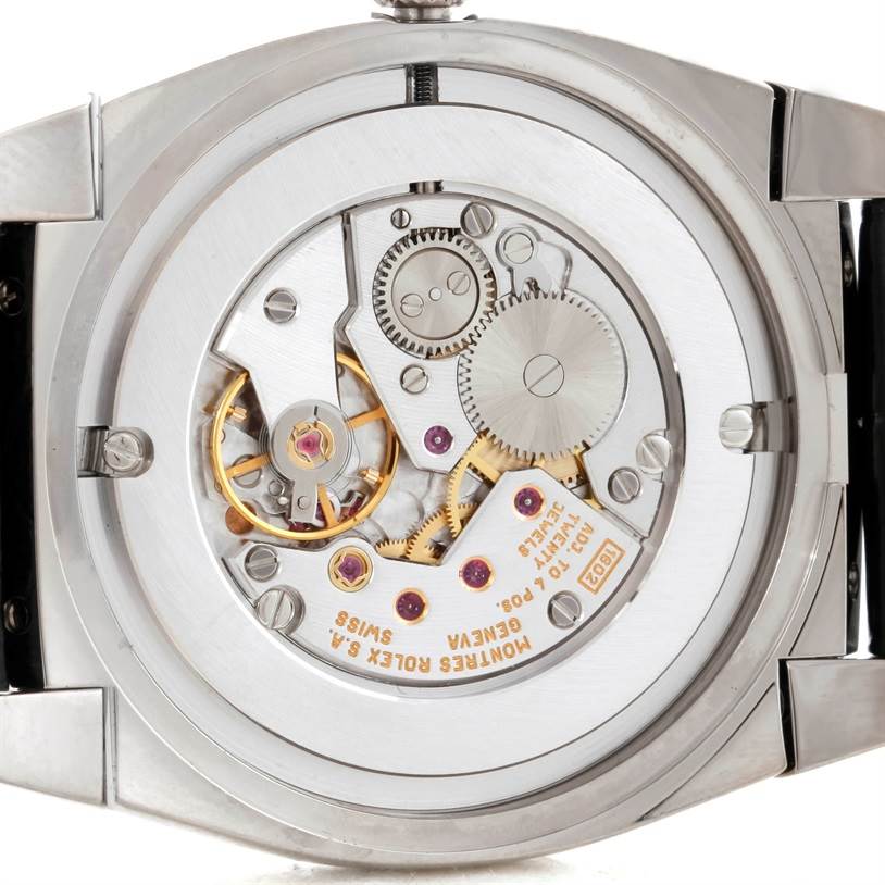 This image shows the movement and internal mechanism of a Rolex Cellini 5330 Men's White Gold Mother of Pearl Dial 5330 Men's White Gold Mother of Pearl Dial watch from a rear angle.