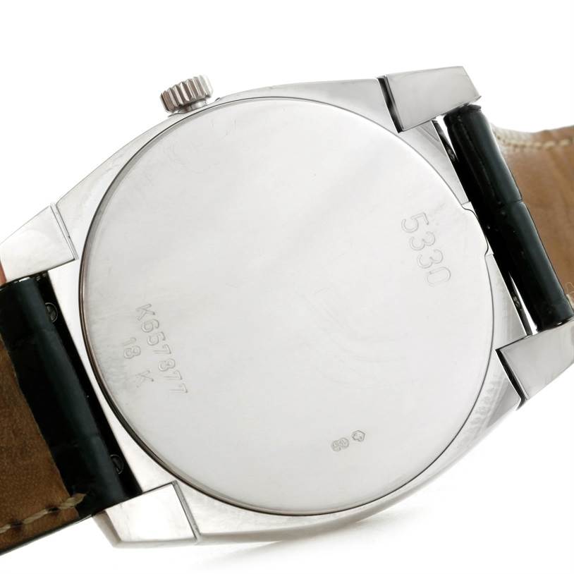 The image shows the back view of a Rolex Cellini 5330 Men's White Gold Mother of Pearl Dial 5330 Men's White Gold Mother of Pearl Dial watch, displaying the watch case, crown, and part of the leather band.