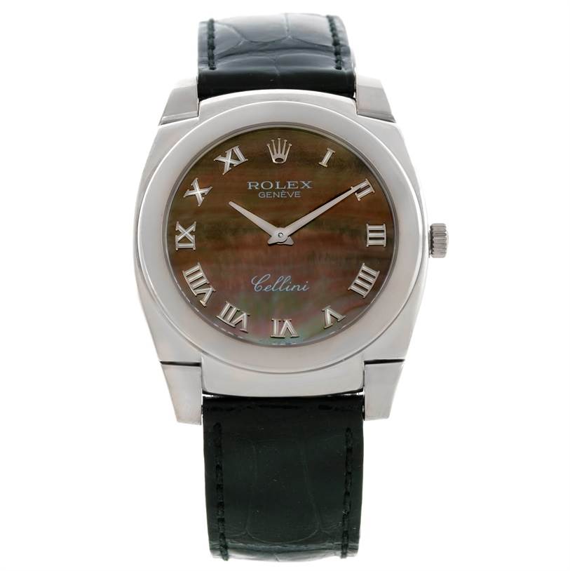 This image shows a Rolex Cellini 5330 Men's White Gold Mother of Pearl Dial 5330 Men's White Gold Mother of Pearl Dial watch from a front angle, displaying its dial, crown, and leather strap.