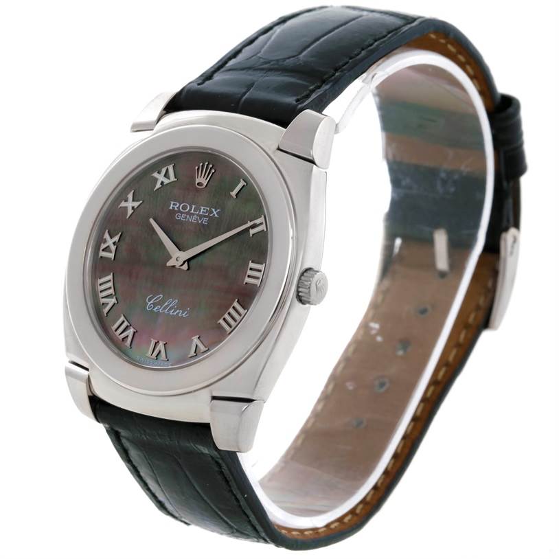 The Rolex Cellini 5330 Men's White Gold Mother of Pearl Dial 5330 Men's White Gold Mother of Pearl Dial watch is shown at an angled side view, highlighting the face, bezel, and leather strap.