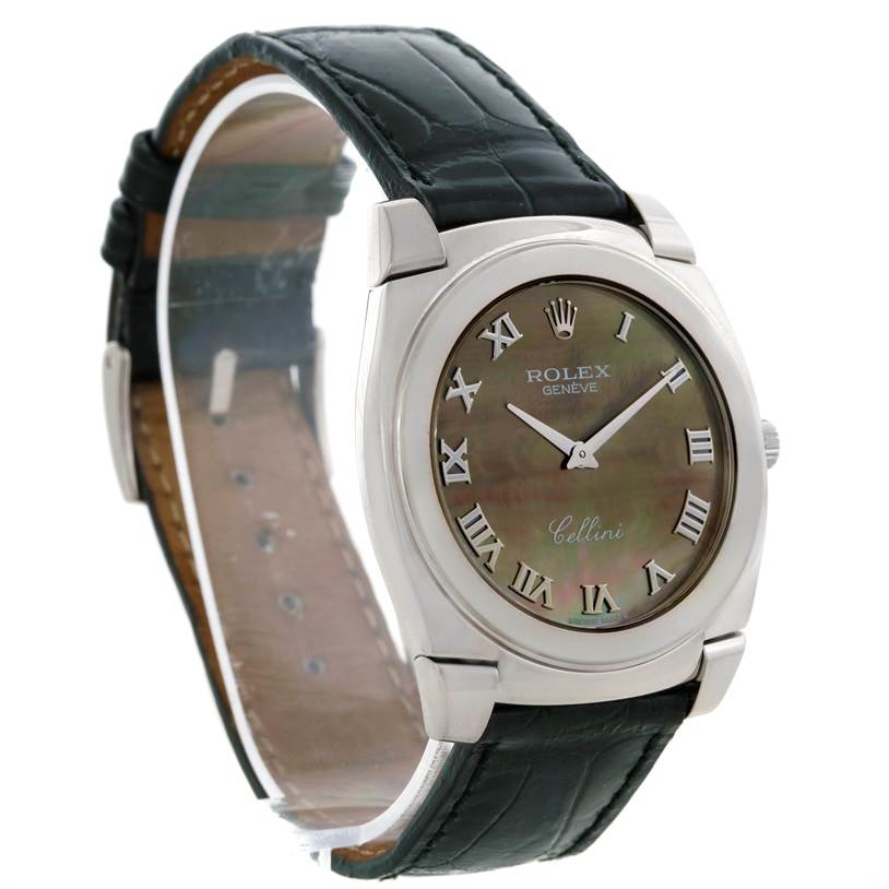 The Rolex Cellini 5330 Men's White Gold Mother of Pearl Dial 5330 Men's White Gold Mother of Pearl Dial watch is shown at a slight angle, displaying its face, bezel, case, and black leather strap.