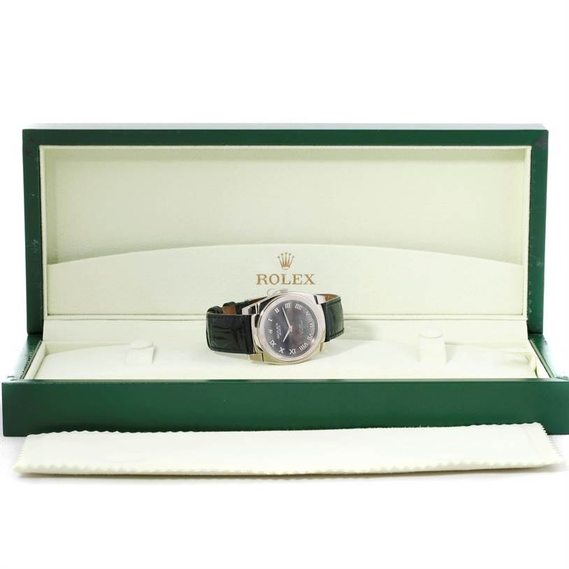 This image shows a Rolex Cellini 5330 Men's White Gold Mother of Pearl Dial 5330 Men's White Gold Mother of Pearl Dial watch front-facing in its green and white presentation box with the lid open.