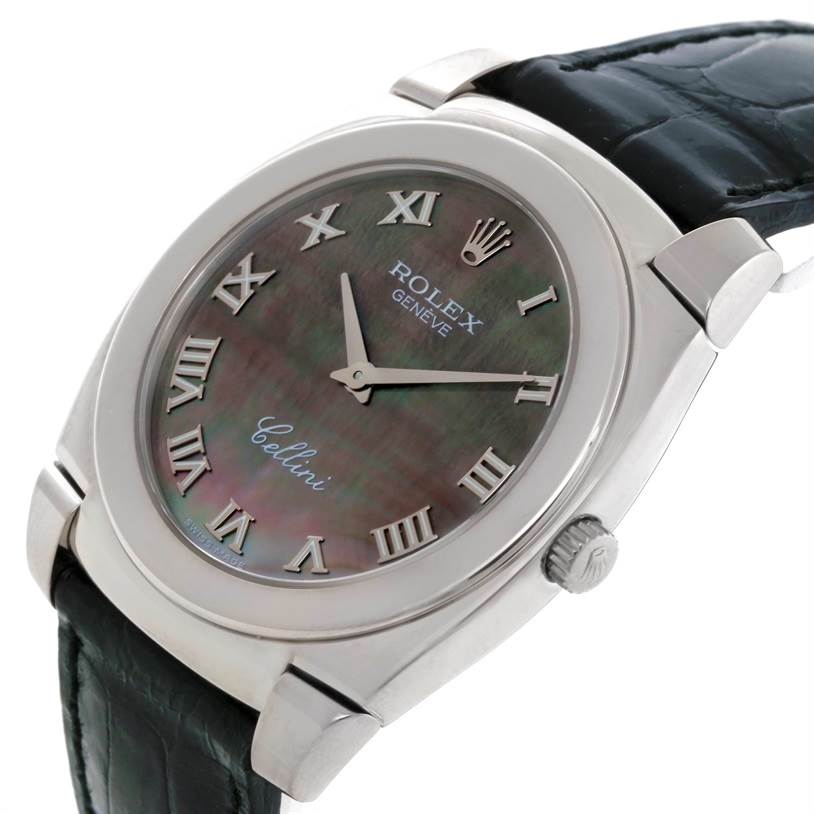 The Rolex Cellini 5330 Men's White Gold Mother of Pearl Dial 5330 Men's White Gold Mother of Pearl Dial watch is shown at a slight angle, highlighting the face, Roman numerals, crown, and part of the leather strap.