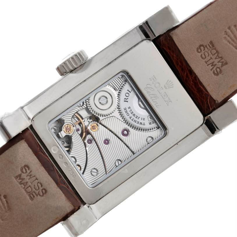 This image shows the back view of a Rolex Cellini 5441 Men's White Gold Silver Dial 5441 Men's White Gold Silver Dial watch, showcasing its movement and leather straps.