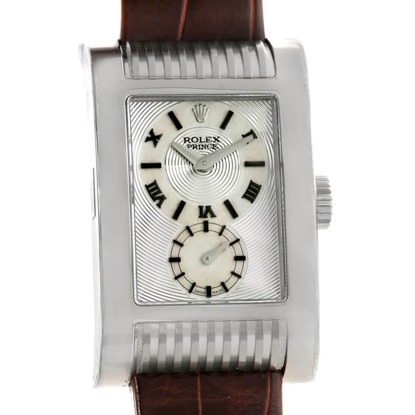 This image shows a front view of the Rolex Cellini 5441 Men's White Gold Silver Dial 5441 Men's White Gold Silver Dial Prince watch with a rectangular face and leather strap.