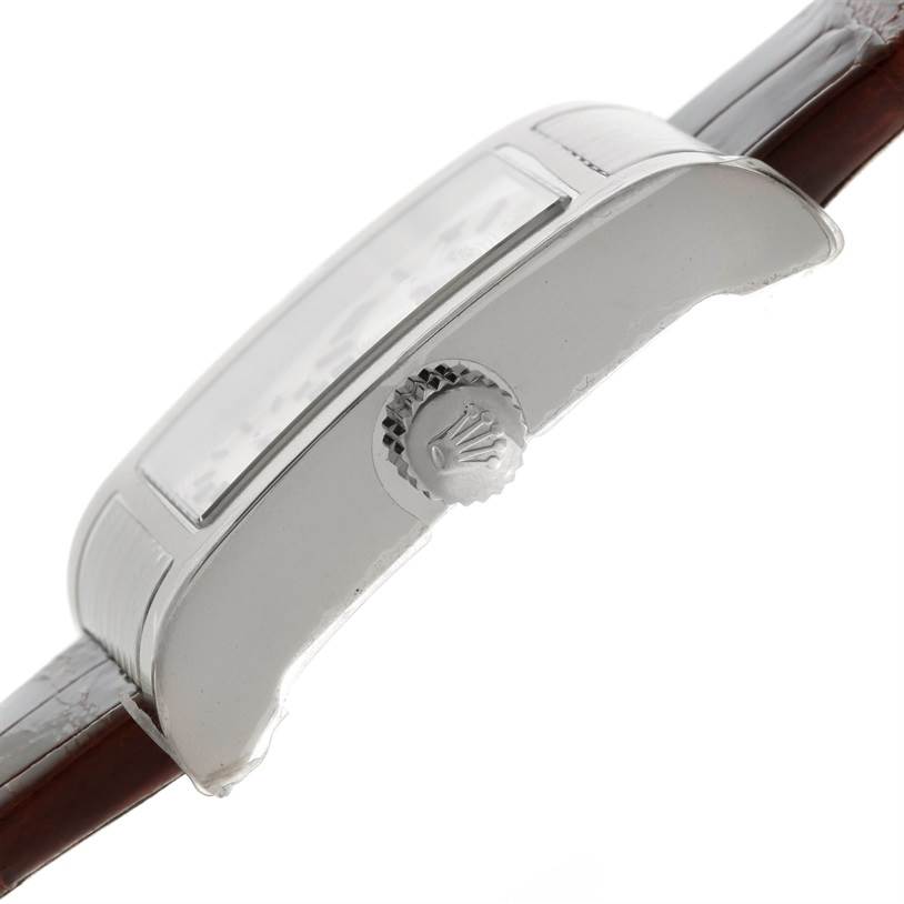 This image shows the side profile and crown of a Rolex Cellini 5441 Men's White Gold Silver Dial 5441 Men's White Gold Silver Dial watch, focusing on the case and leather strap.